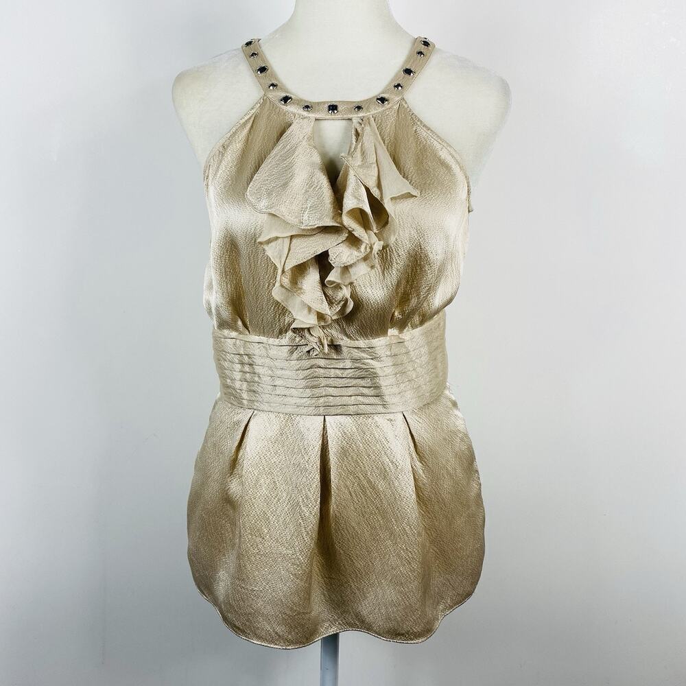 White House Black Market Metallic Champagne Ruffle Halter Top
